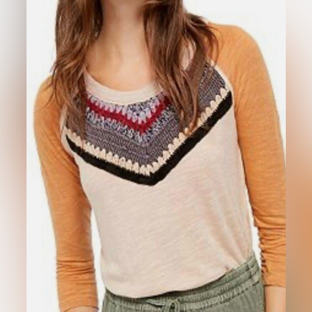 We the Free People Top Womens Small Spring Bound Crochet Yoke Boho‎ Linen Hippie